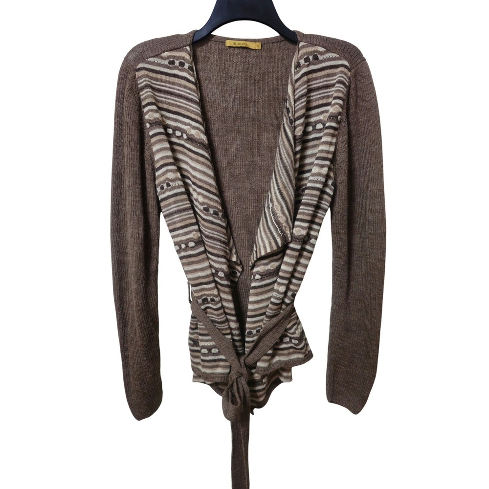 Sol Brown Baby Alpaca Silk Blend Striped Open Front‎ Tie Cardigan Sweater Size M